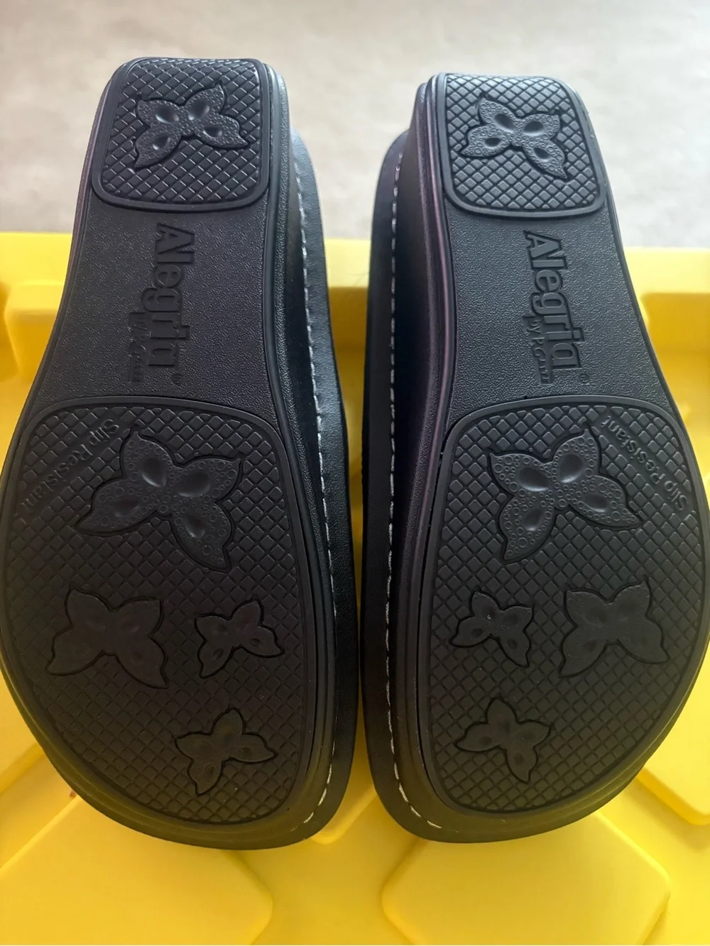 Alegria Black and Silver Paisley Slip-On Clogs